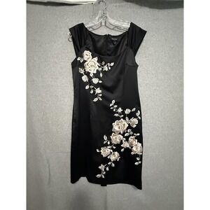 White House Black Market Dress Womens Small Black Floral Satin Sheath